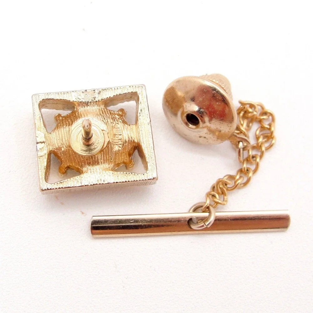 Vintage Swank Blue Aquamarine Crystal Gold Tone Square Rope Border Men Tie Tack
